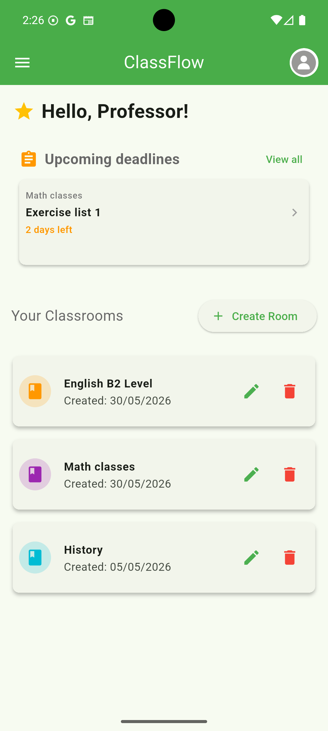 ClassFlow App - Tela Inicial