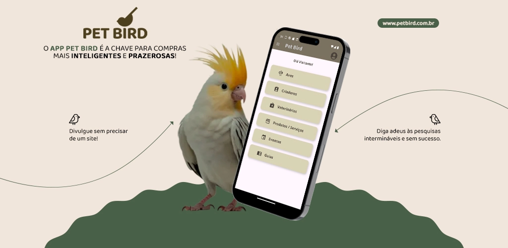 Pet Bird App - Calopsita com celular mostrando o aplicativo